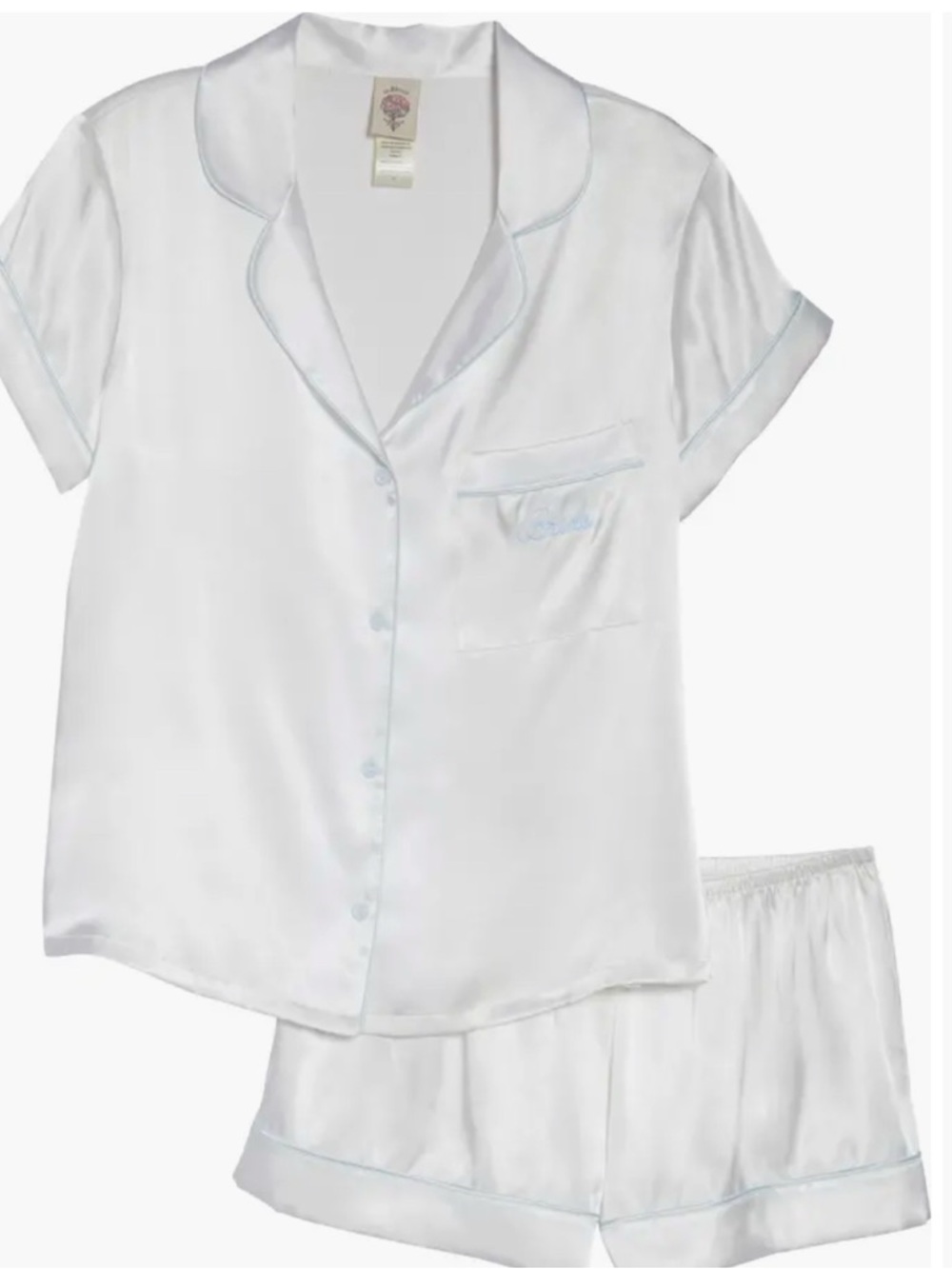 Nordstrom Bridal Women’s White Short Pajama Set with Light Blue Piping